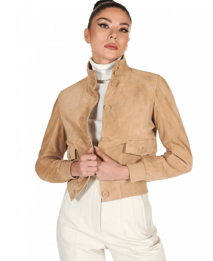 Tan Brown Suede Trucker Leather Bomber Jacket for Women