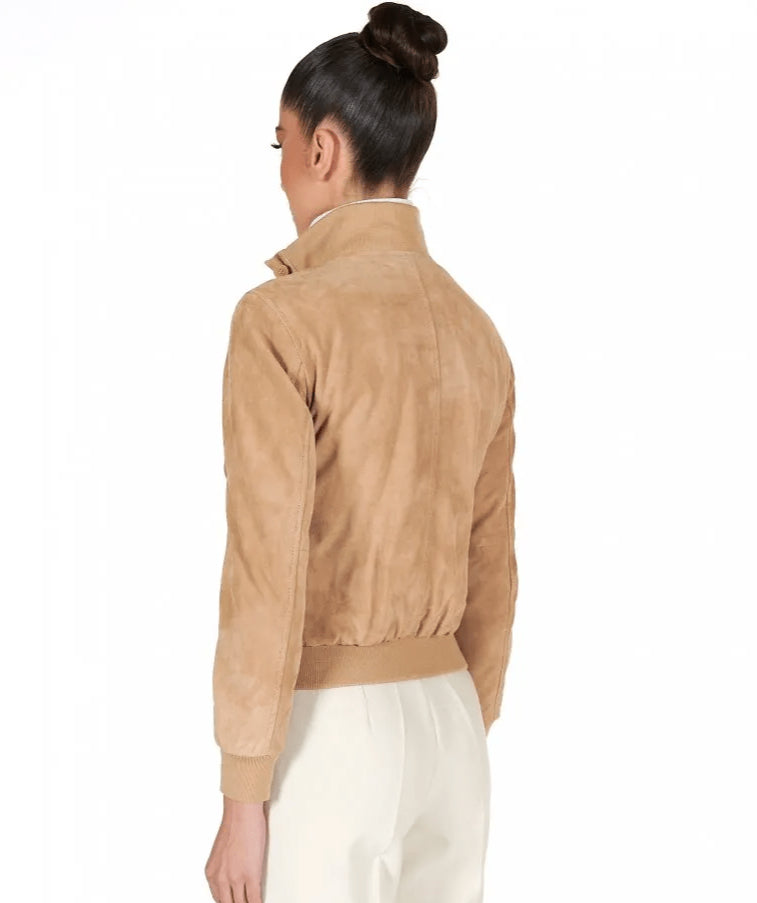Tan Brown Suede Trucker Leather Bomber Jacket for Women