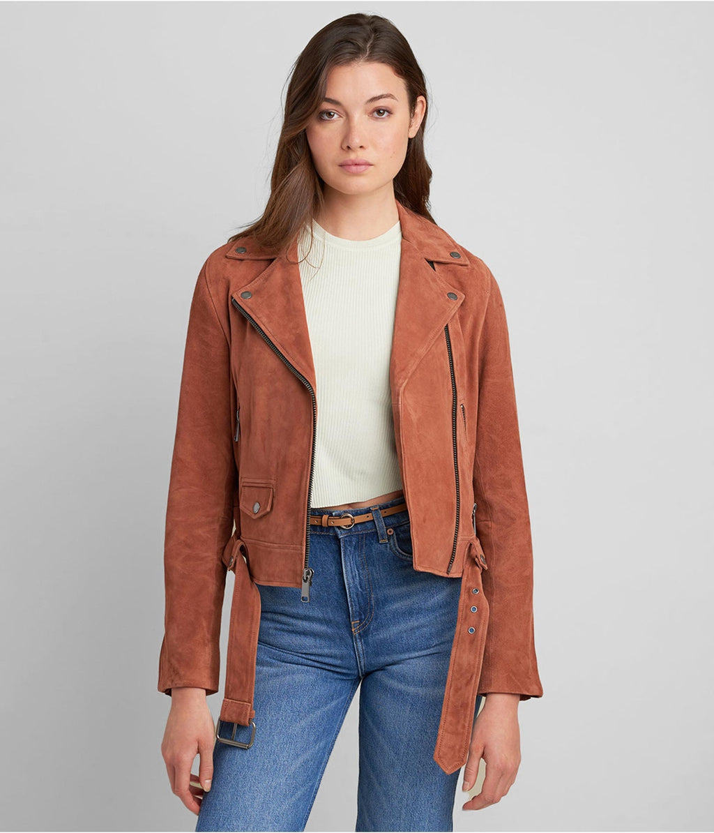 Women's Tan Brown Suede Biker Jacket – Classic & Stylish