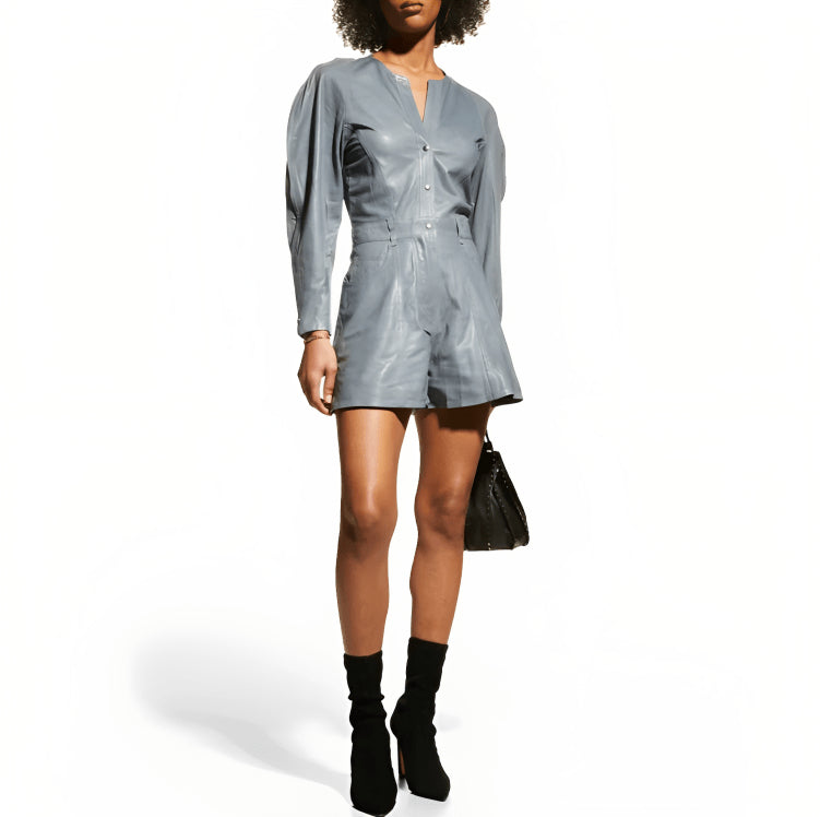 Women's Sky Blue Leather Romper – Trendy & Chic One-Piece