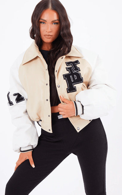 Women's Varsity Bomber Leather Jacket – Beige Body with White Sleeves
