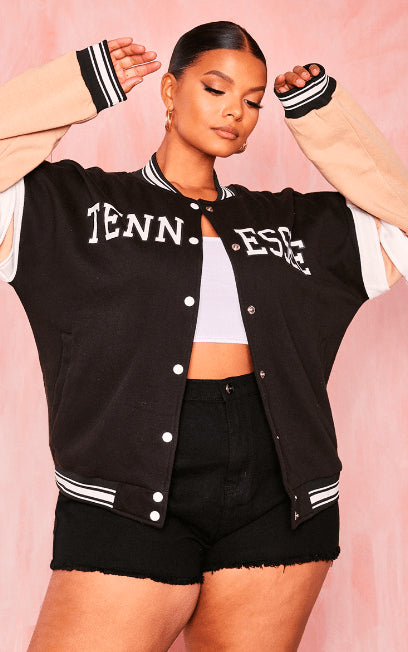 Women's Varsity Bomber Leather Jacket – Black Body with Pink Sleeves