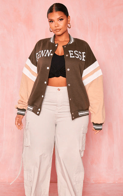 Women's Varsity Bomber Leather Jacket – Brown Body with Pink Sleeves