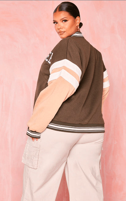 Women's Varsity Bomber Leather Jacket – Brown Body with Pink Sleeves