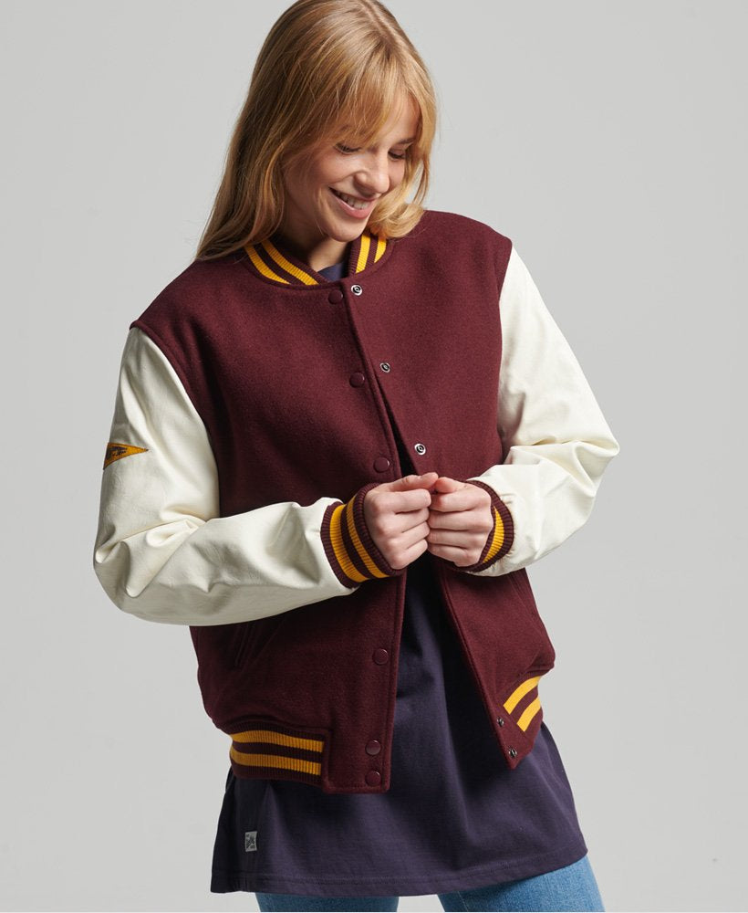Maroon & White Varsity Bomber Leather Jacket for Women