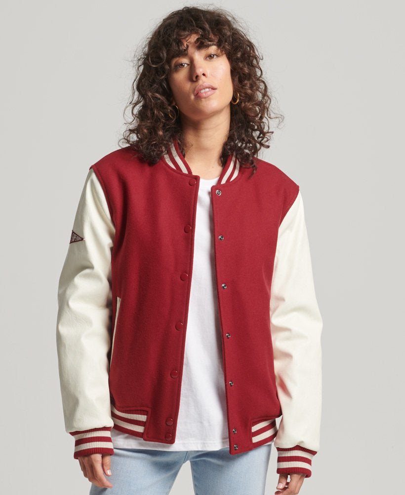 Red & White Varsity Bomber Leather Jacket for Women