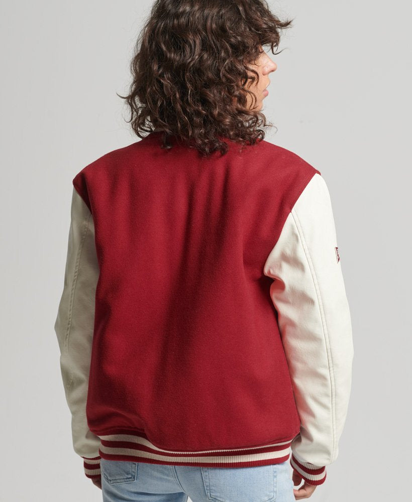 Red & White Cropped Varsity Leather Jacket for Women