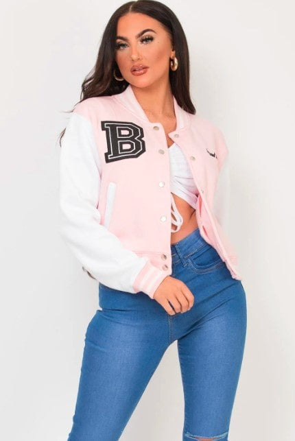 Women's Pink Varsity Bomber Leather Jacket