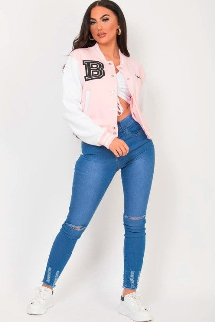 Women's Pink Varsity Bomber Leather Jacket