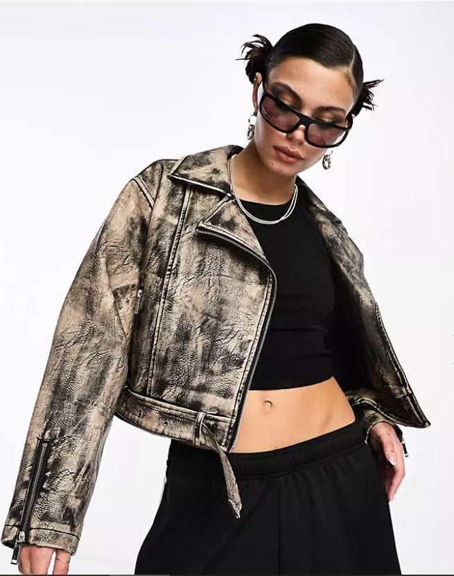 Vintage Distressed Biker Leather Jacket for Women