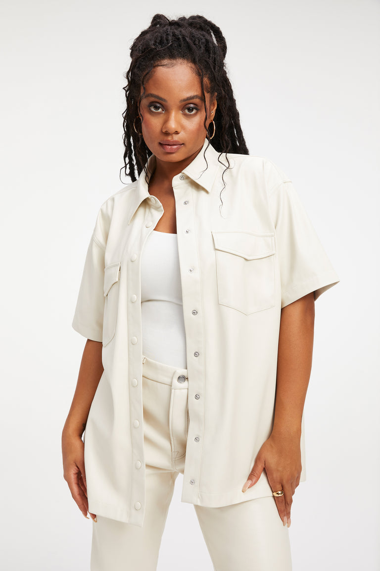 Women's White Cropped Trucker Leather Shirt – Half Sleeve