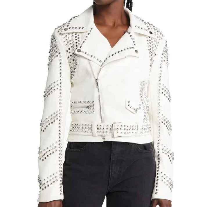 White Rocker Women's Studded Motorcycle Leather Jacket