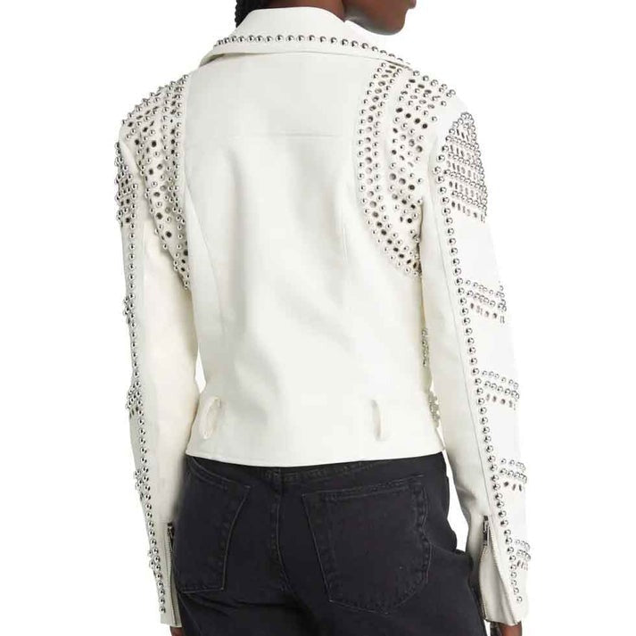 Women's White Studded Leather Biker Jacket with Belt