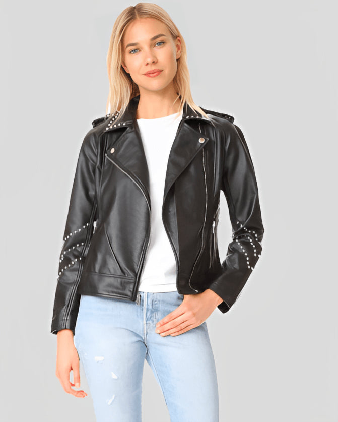 Rebel Edge Women's Black Studded Leather Biker Jacket