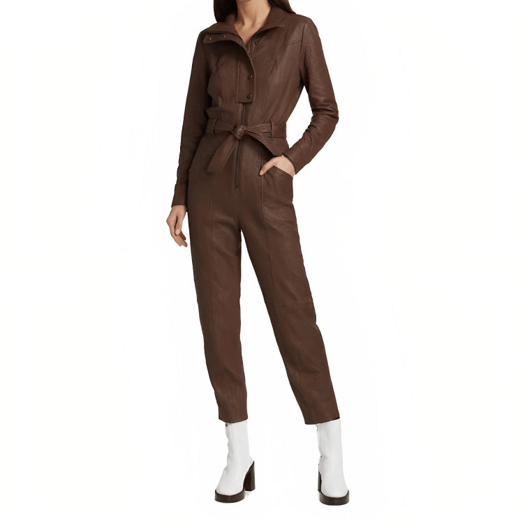 Women's Chocolate Brown Bodycon Leather Jumpsuit – Sleek & Sultry Fit