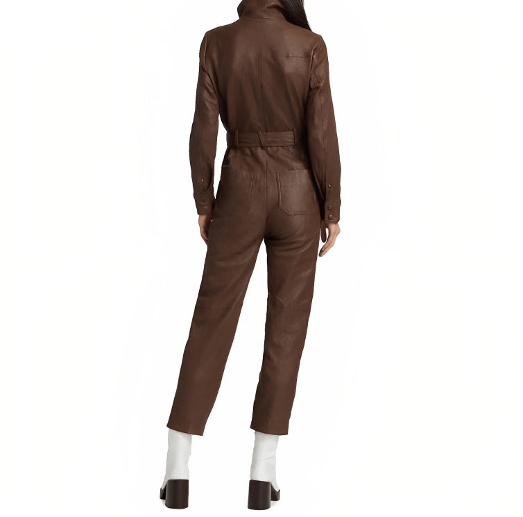 Women's Chocolate Brown Bodycon Leather Jumpsuit – Sleek & Sultry Fit