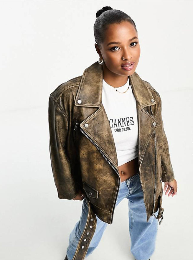 Vintage Distressed Leather Biker Jacket for Women