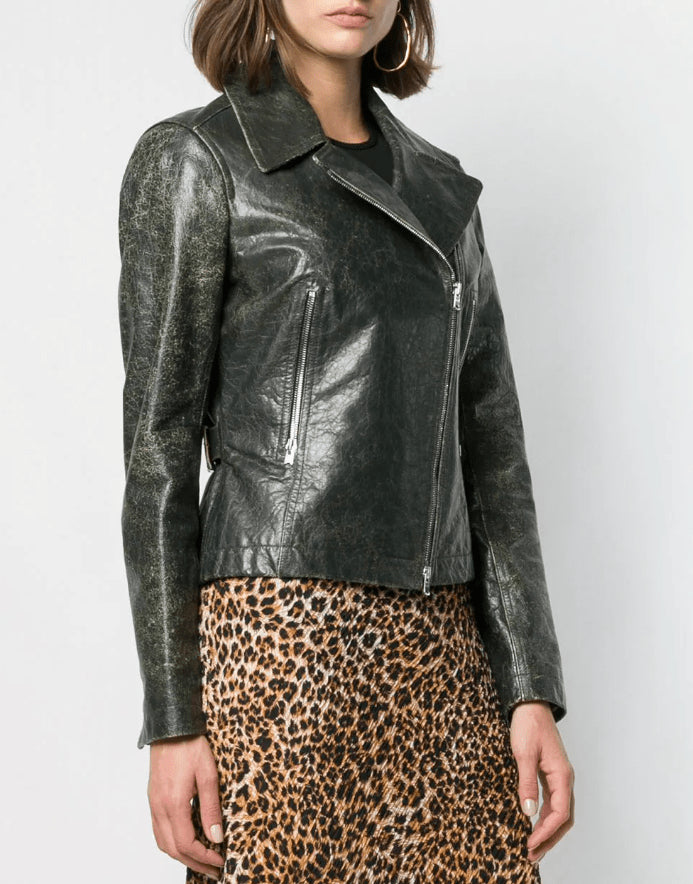 Women's Khaki Distressed Vintage Leather Jacket – Classic & Stylish