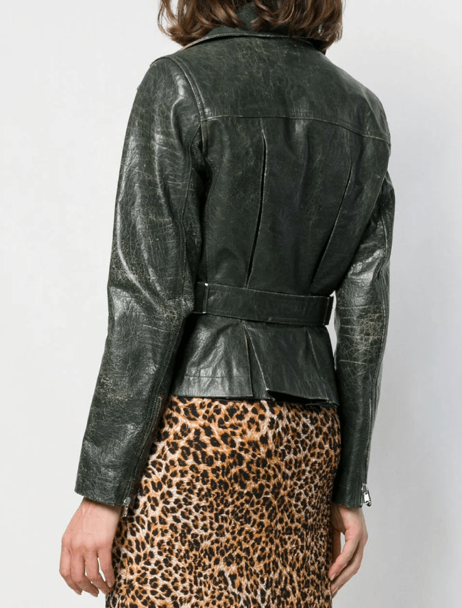 Women's Khaki Distressed Vintage Leather Jacket – Classic & Stylish