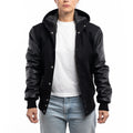 Black Hooded Varsity Leather Jacket for Women