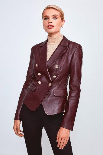 Mahogany Red Leather Blazer for Women with Gold Buttons