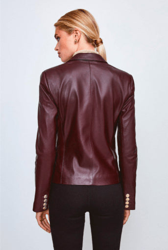 Mahogany Red Leather Blazer for Women with Gold Buttons