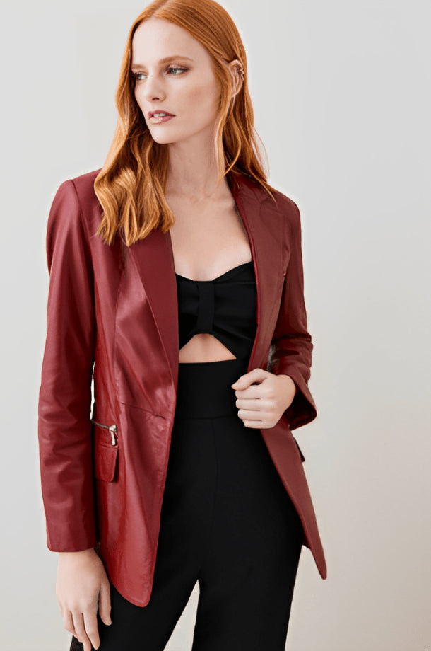 Wine Red Leather Blazer for Women