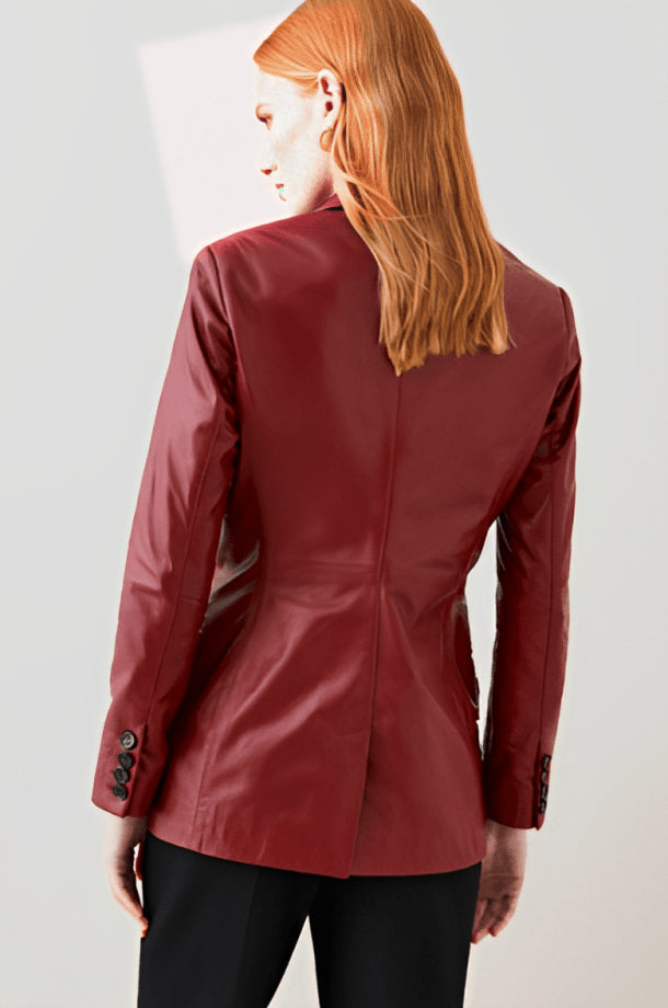 Wine Red Leather Blazer for Women
