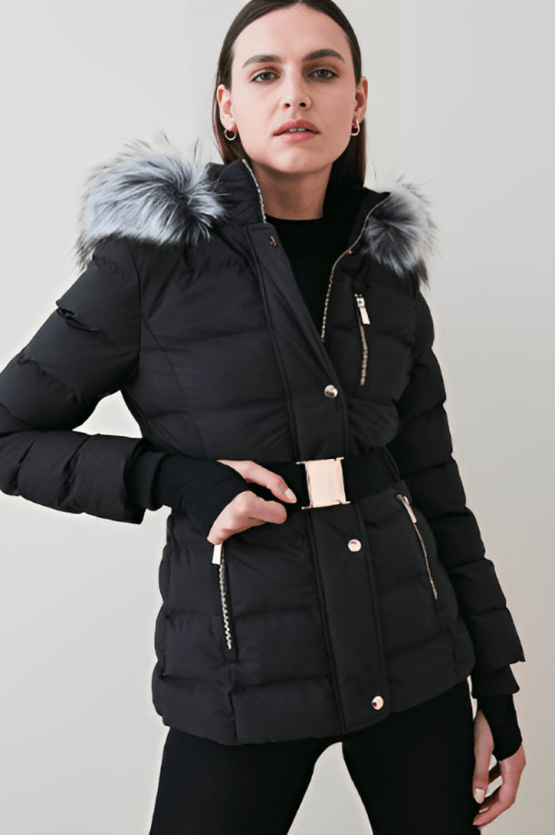 Black Faux Fur Hooded Puffer Jacket for Women