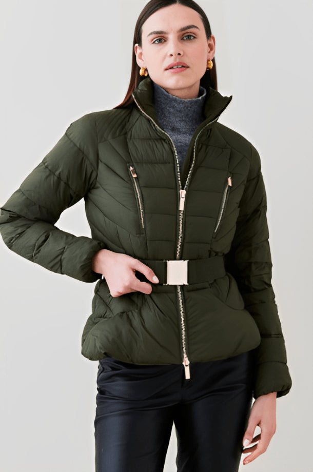 Khaki Belted Puffer Jacket for Women