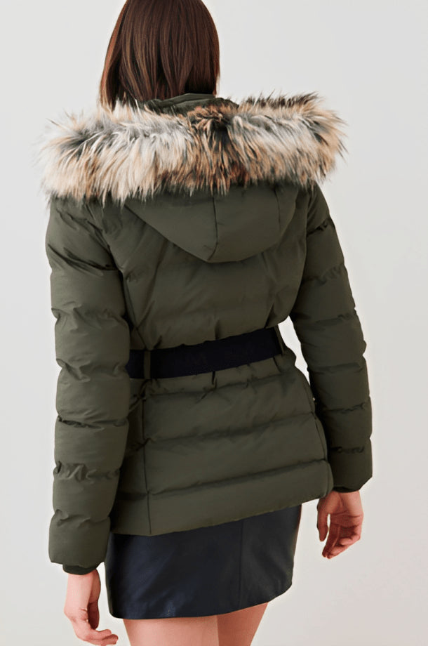 Khaki Belted Puffer Jacket with Faux Fur Hood for Women