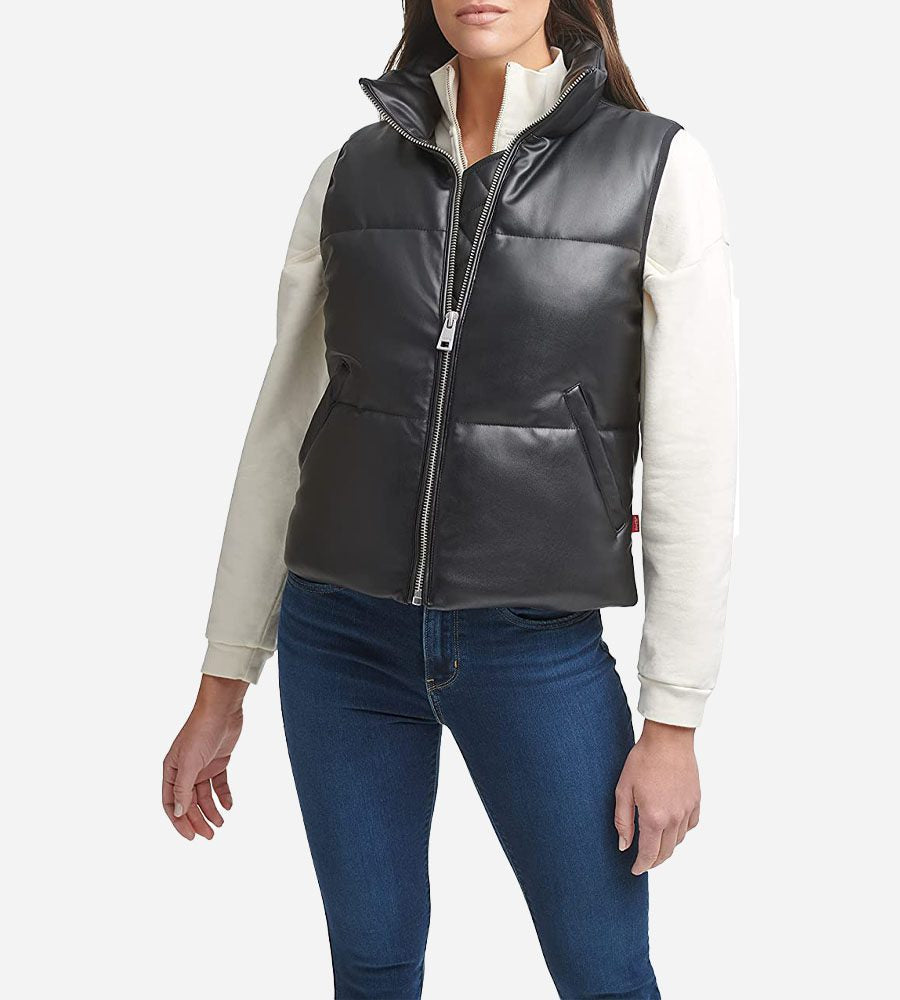 Women's Black Puffer Leather Vest – Sleek, Warm & Stylish