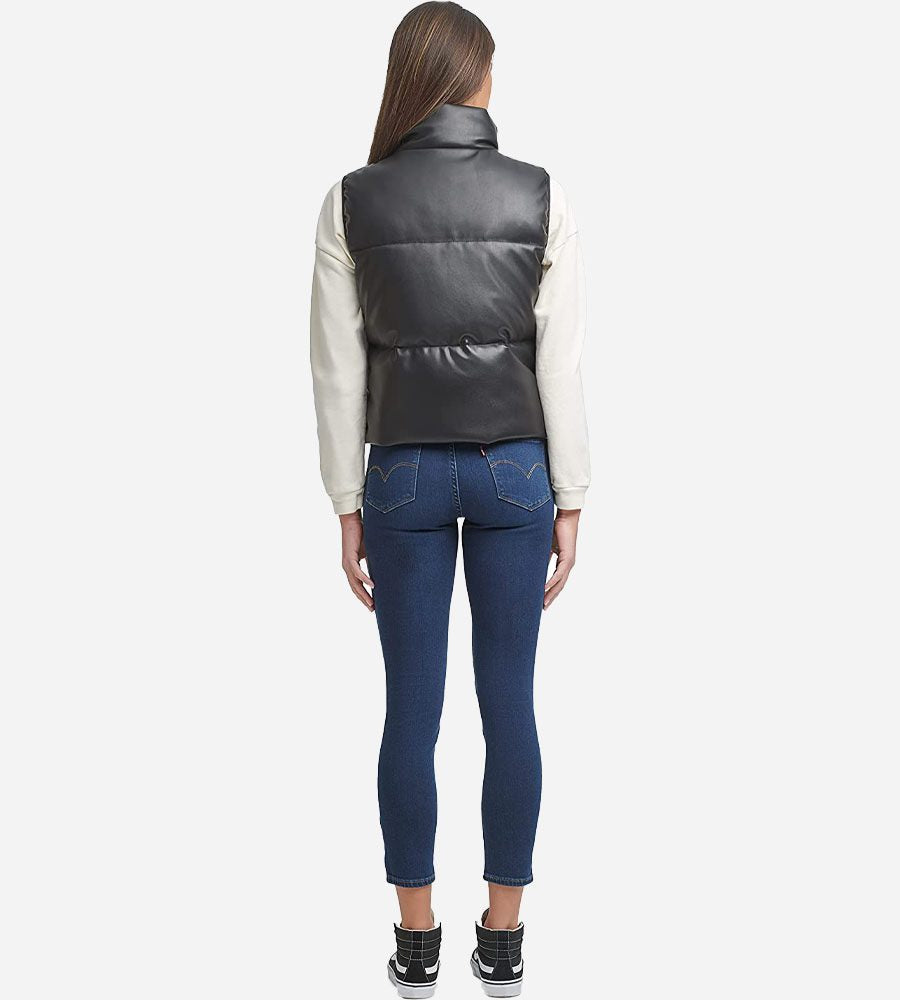 Women's Black Puffer Leather Vest – Sleek, Warm & Stylish