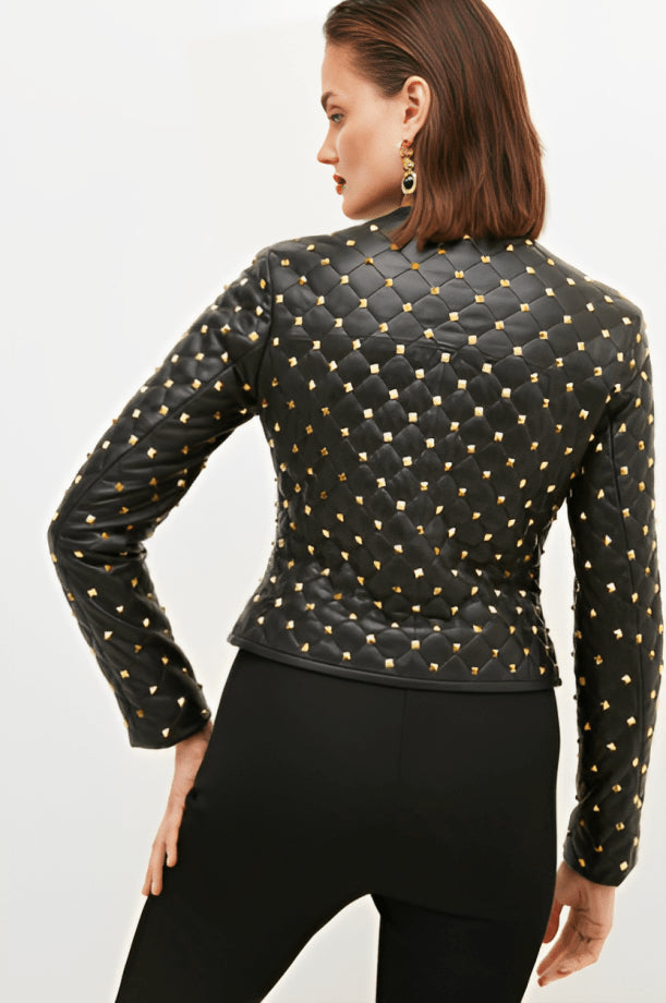 Women’s Quilted Black Leather Jacket with Gold Studs