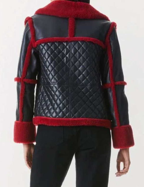 Black Quilted Sheepskin Leather Bomber Blazer for Women