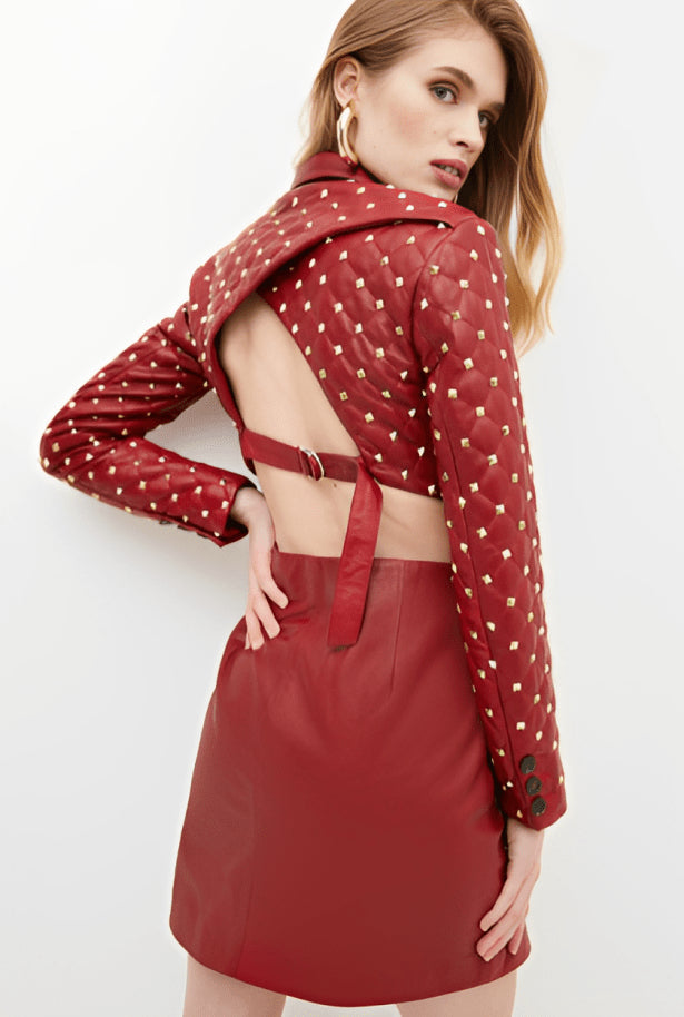 Women's Red Quilted Studded Leather Blazer