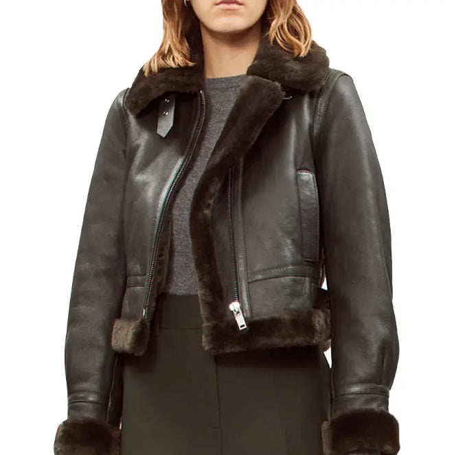 Women's Black Sheepskin Aviator Bomber Leather Jacket