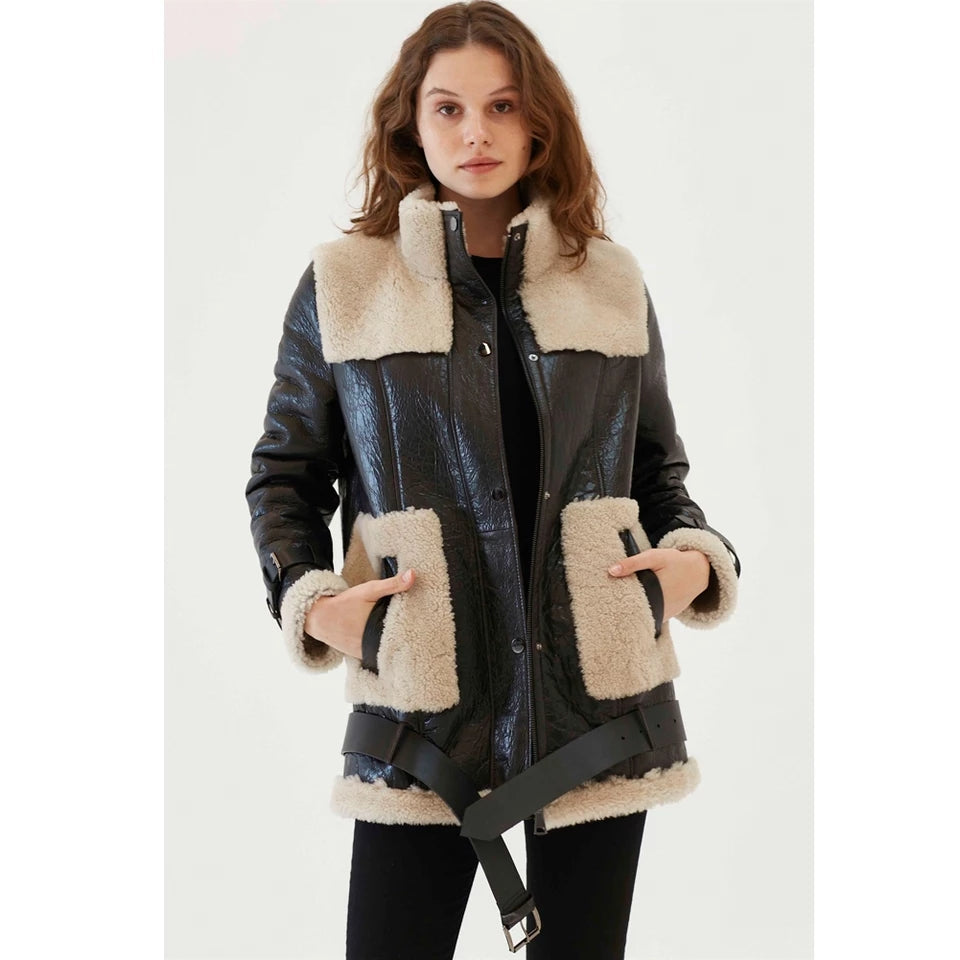 Dark Brown Sheepskin Fur Leather Coat for Women