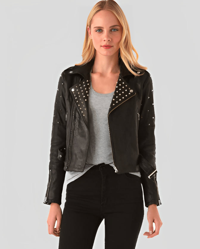 Women's Black Studded Biker Leather Jacket – Bold & Stylish