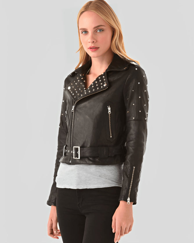 Women's Black Studded Biker Leather Jacket – Bold & Stylish