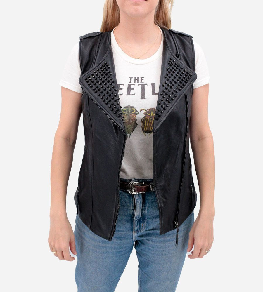 Black Studded Leather Biker Vest for Women
