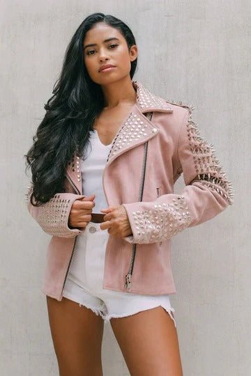 Women's Pink Studded Suede Leather Biker Jacket