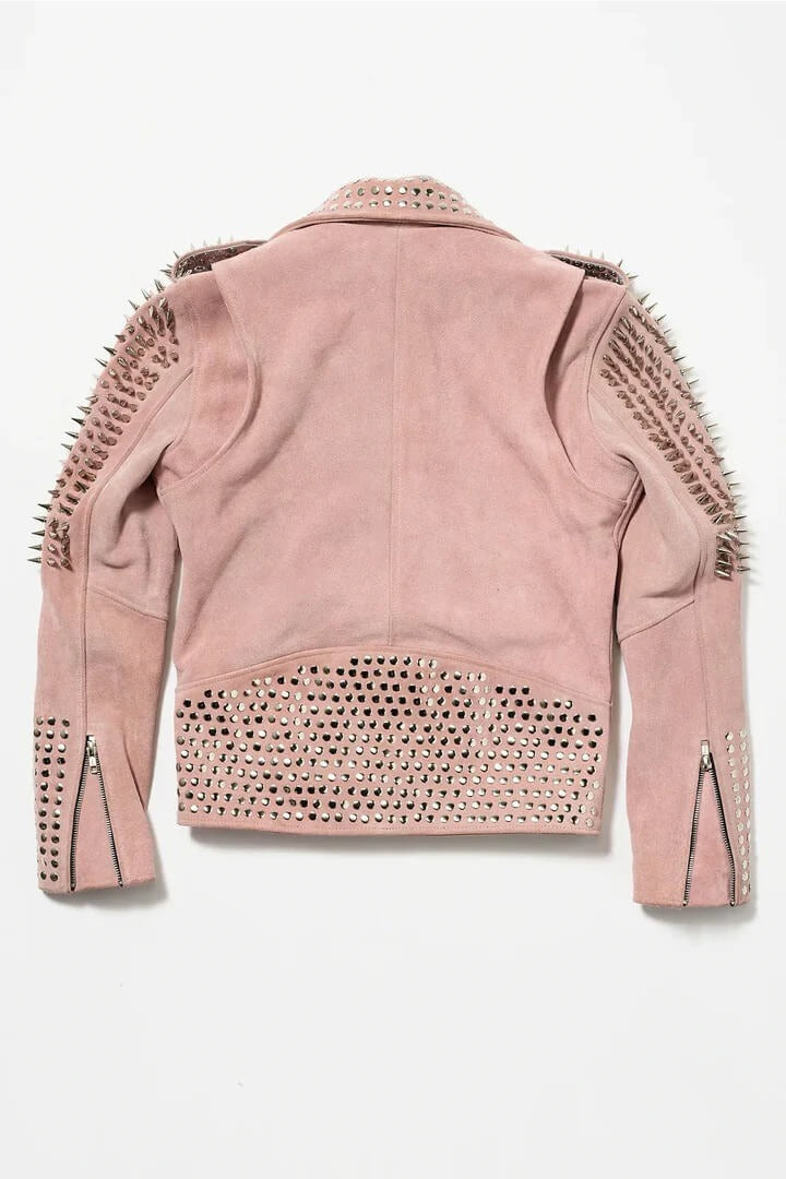 Women's Pink Studded Suede Leather Biker Jacket