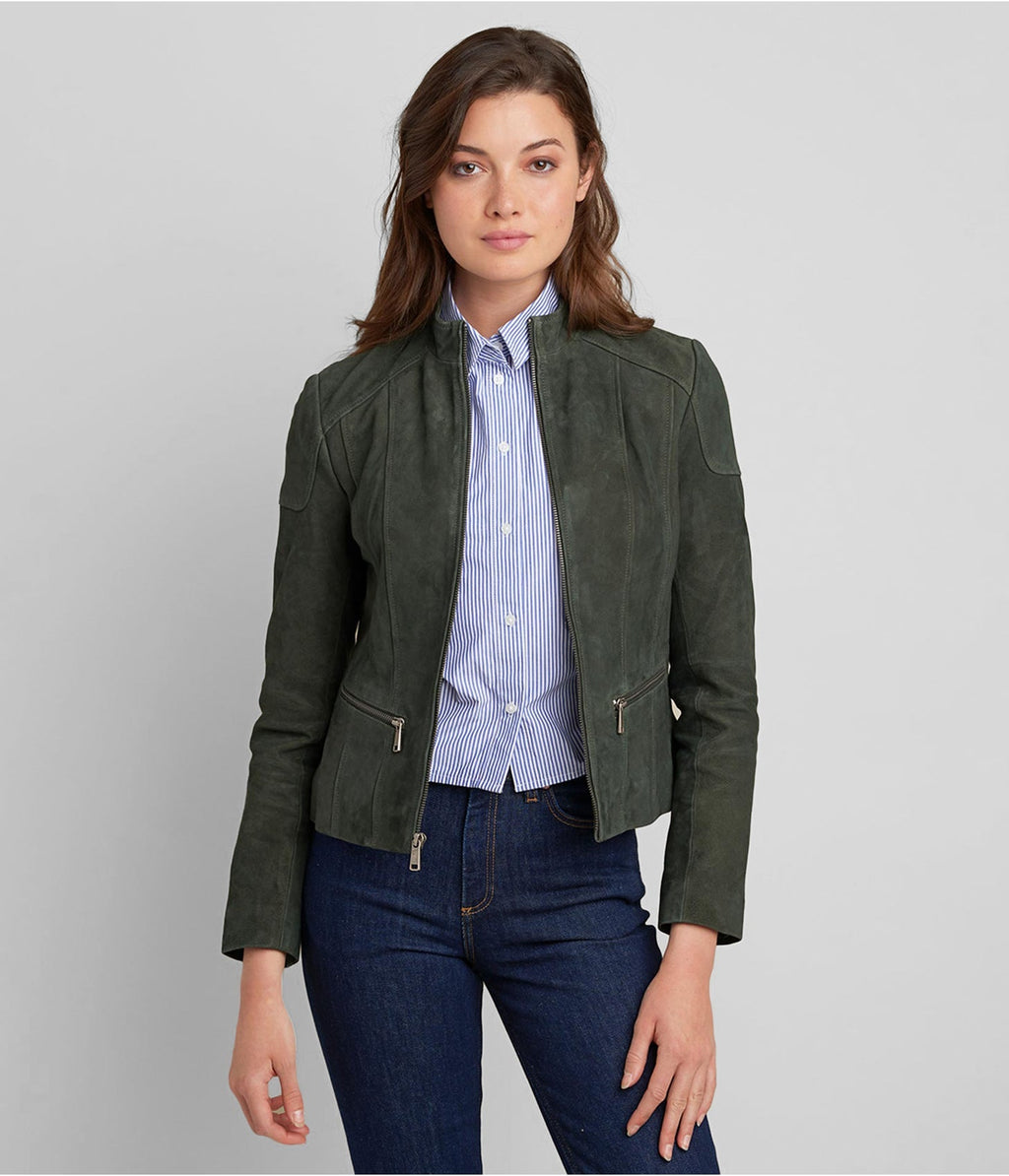Women's Olive Suede Leather Biker Jacket