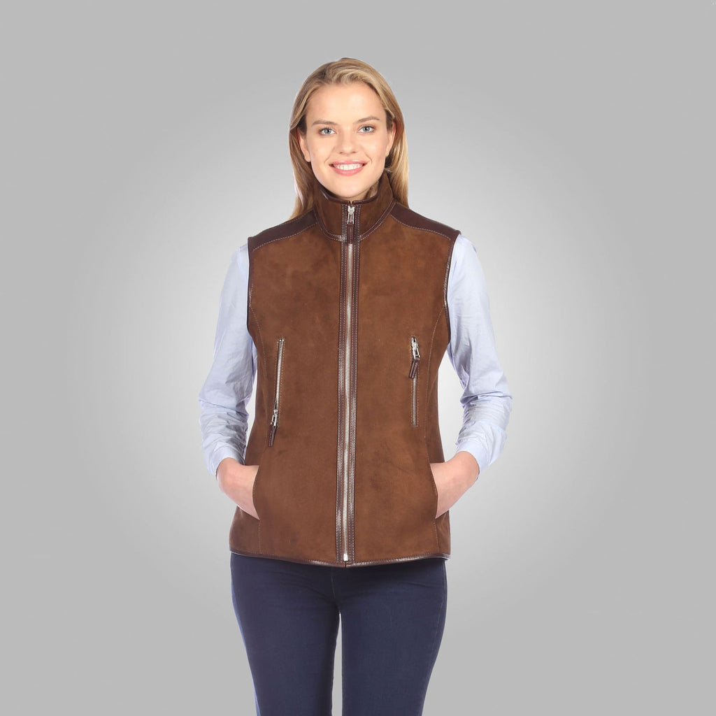 Chocolate Brown Suede Shearling Vest for Women