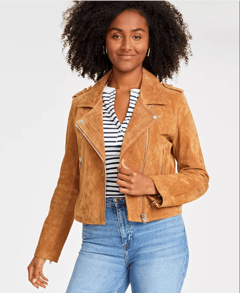 Tan Brown Suede Biker Jacket for Women