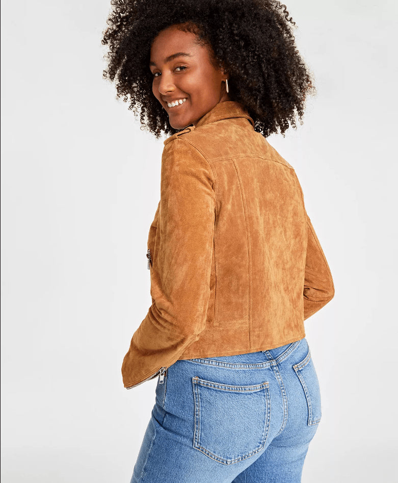 Tan Brown Suede Biker Jacket for Women
