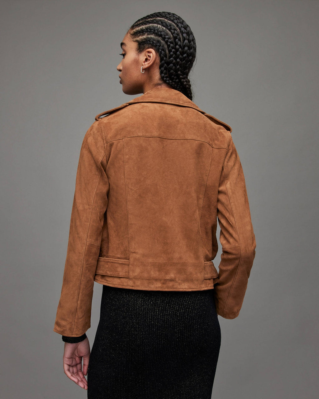 Women's Tan Brown Suede Leather Biker Jacket with Belt