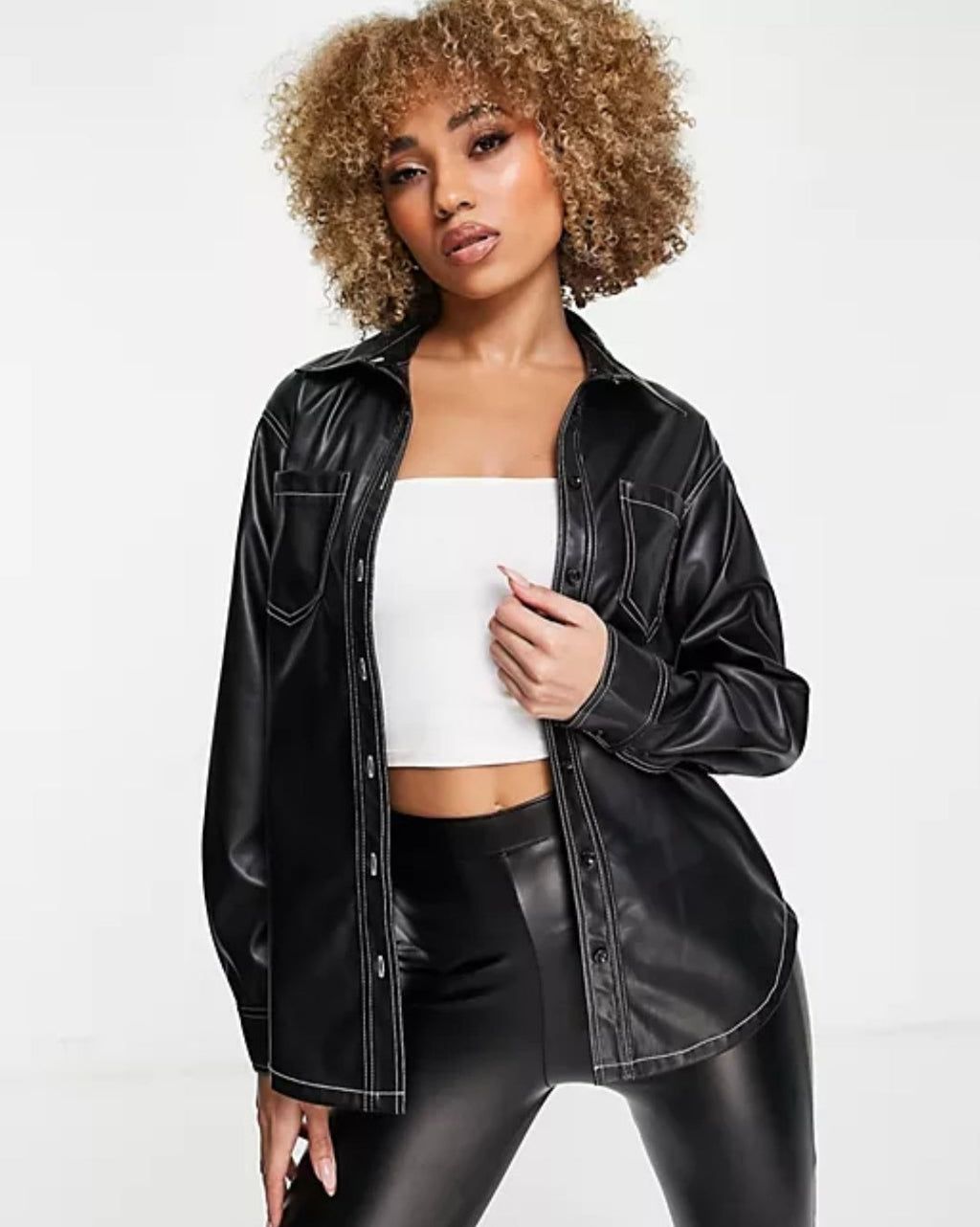 Women's Black Trucker Leather Shirt with White Stitching – Half Sleeve