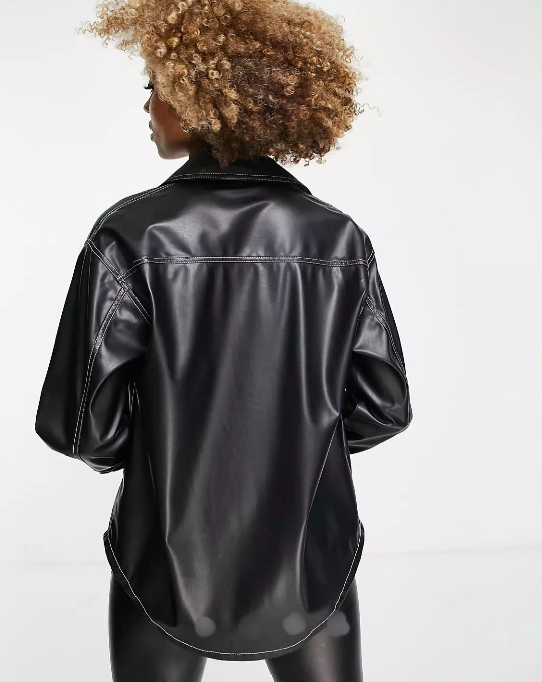 Women's Black Trucker Leather Shirt with White Stitching – Half Sleeve